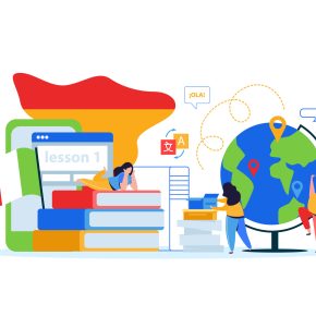 Language School Flat Colored Composition Online language school flat colored composition with people from different countries communicating by mobile app vector illustration